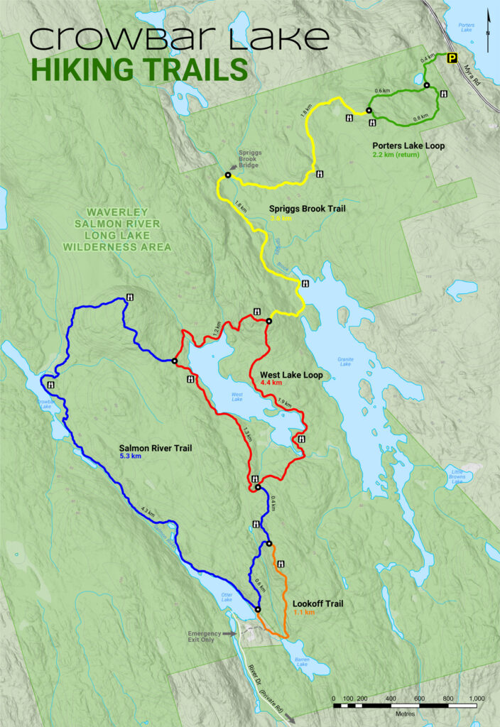 Topographical map showing the Crowbar Lake trail system.